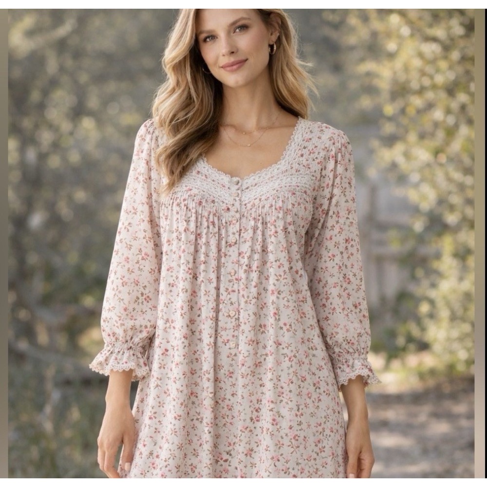 Eileen West Floral Cotton Nightgown Dress M Cottagecore Lace Button Front